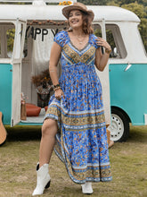 Plus Size Smocked Printed Cap Sleeve Dress Blue OutfitFlow